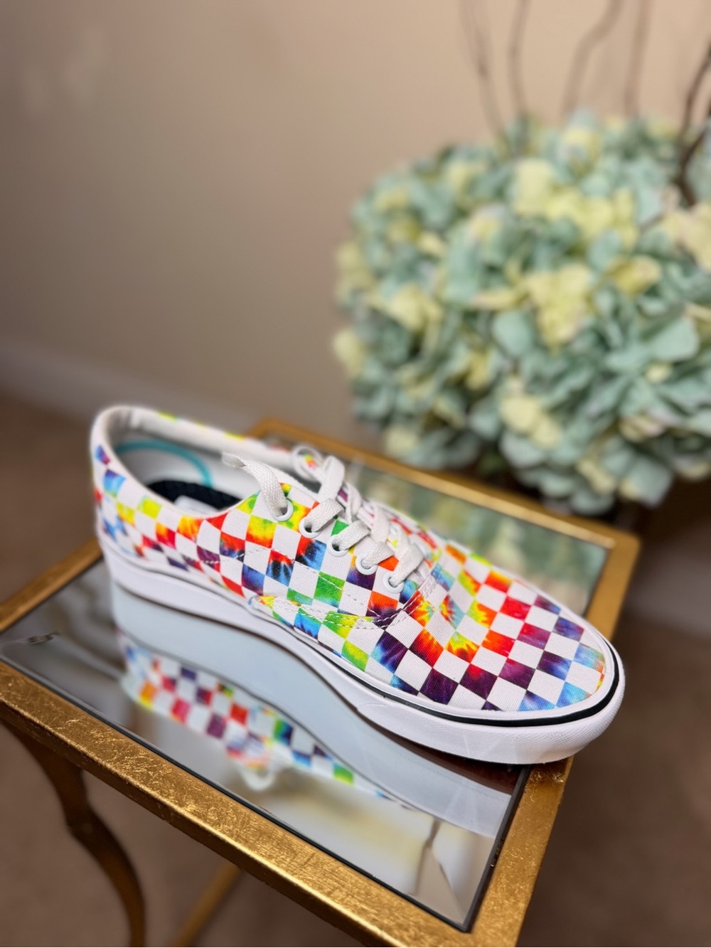 Rainbow Checkerboard Lace-Up Sneakers - White Base